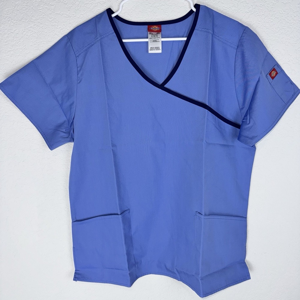Dickies Womens Mock Wrap Scrub Top Blue Navy Trim 86713 Large